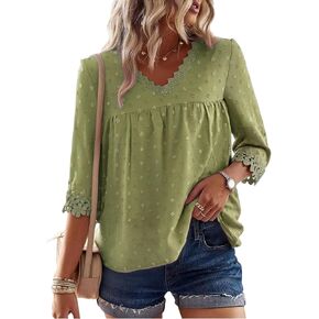 GaoCold 3/4 Length Sleeve Womens Tops Lace V Neck Chiffon Blouses Dressy Swiss Dot Work Shirts Summer Beach Vacation Outfits in Saudi Arabia