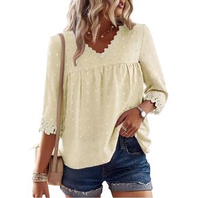 GaoCold 3/4 كم طويل بلوزات نسائية دانتيل رقبة على شكل V بلوزات شيفون أنيقة سويسرية منقط قمصان عمل ملابس صيفية لقضاء العطلات على الشاطئ in Kuwait