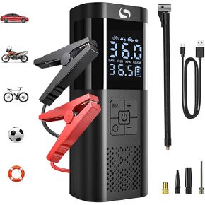 جهاز تشغيل القفز مع ضاغط هواء، بطارية ذروة 6000 أمبير محمولة للسيارات والدراجات النارية، صندوق القفز 150 رطل لكل بوصة مربعة 14.8 فولت مع كابلات توصيل، ضاغط هواء، مصابيح LED، شاشة LCD in Kuwait
