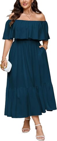 SCOMCHIC Womens Plus Size Wedding Guest Cocktail Dresses Off The Shoulder Smocked Waist Ruffle Slit Maxi Dress in Saudi Arabia