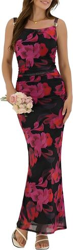 ZAFUL Women's Floral Wedding Guest Dress, Sexy Formal Sleeveless Cocktail Mesh Ruched Bodycon Maxi Party Long Summer Dresses in Saudi Arabia