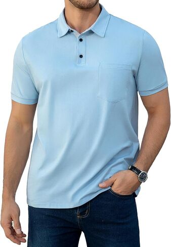 Men's Casual Polo Shirts Summer Short Sleeve Contrast Stripe Collared Golf Polos Tee Shirt with Pocket in Saudi Arabia