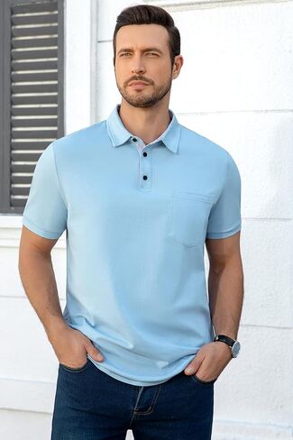 Men's Casual Polo Shirts Summer Short Sleeve Contrast Stripe Collared Golf Polos Tee Shirt with Pocket in Saudi Arabia