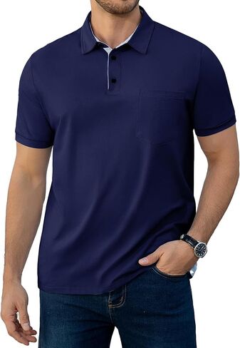 Men's Casual Polo Shirts Summer Short Sleeve Contrast Stripe Collared Golf Polos Tee Shirt with Pocket in Saudi Arabia