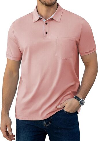 Men's Casual Polo Shirts Summer Short Sleeve Contrast Stripe Collared Golf Polos Tee Shirt with Pocket in Saudi Arabia