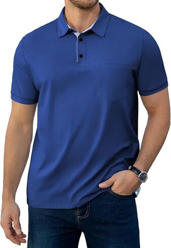 Men's Casual Polo Shirts Summer Short Sleeve Contrast Stripe Collared Golf Polos Tee Shirt with Pocket in Saudi Arabia