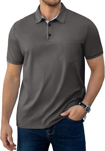 Men's Casual Polo Shirts Summer Short Sleeve Contrast Stripe Collared Golf Polos Tee Shirt with Pocket in Saudi Arabia