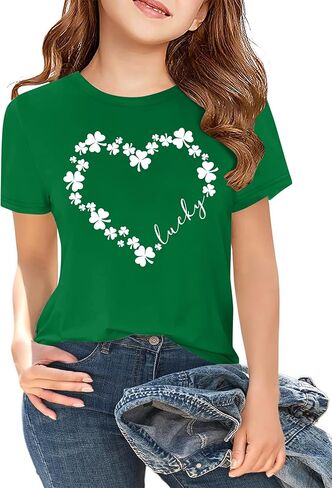 Kids St Patrick's Day Shirts Girls Irish Clover Print T Shirt Paddy's Day Shirt Shamrock Short Sleeve Tops 5-14y in Kuwait
