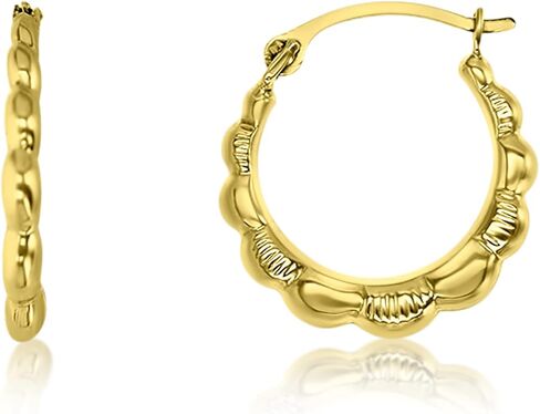 14K Yellow Gold 2x15mm Small Polished or Textured Diamond Cut Lightweight Flower Design Hoop Earrings in Saudi Arabia
