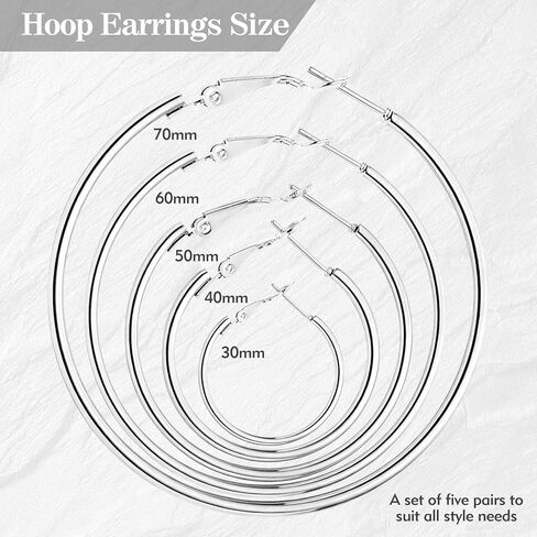 5 Pairs Silver Hoop Earrings for Women, 30/40/50/60/70 mm Hypoallergenic Hoop Earrings, Lightweight Dangle Set Stainless Steel Earrings in Saudi Arabia