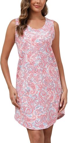 PNAEONG Nightgowns for Women Cotton Round Neck Nightshirts Sleeveless Sleepwear Casual Print Sleepdress in Saudi Arabia