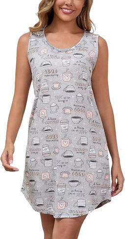 PNAEONG Nightgowns for Women Cotton Round Neck Nightshirts Sleeveless Sleepwear Casual Print Sleepdress in Saudi Arabia