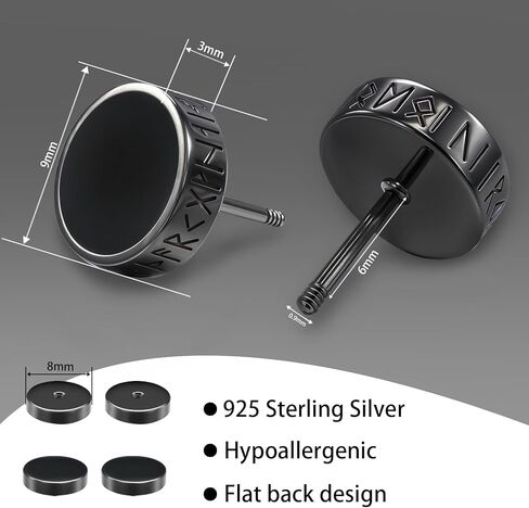 FEEL STYLE 925 الفضة الاسترليني / الفولاذ المقاوم للصدأ فايكنغ رون أقراط للرجال النساء الطبيعية الأسود الجزع شقة الظهر أقراط مجوهرات هدايا هيبوالرجينيك in Kuwait