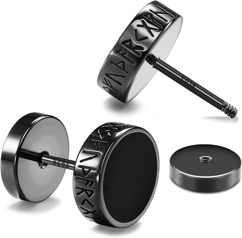 FEEL STYLE 925 الفضة الاسترليني / الفولاذ المقاوم للصدأ فايكنغ رون أقراط للرجال النساء الطبيعية الأسود الجزع شقة الظهر أقراط مجوهرات هدايا هيبوالرجينيك in Kuwait