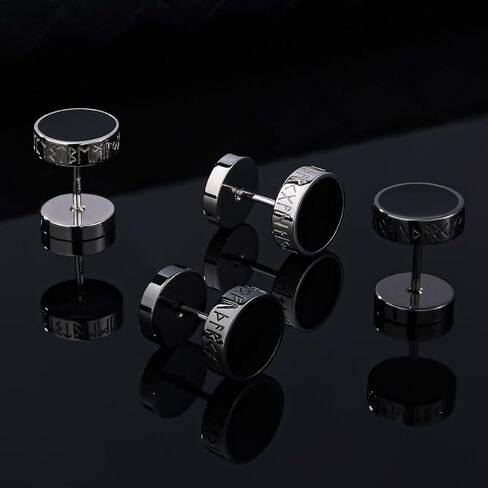 FEEL STYLE 925 الفضة الاسترليني / الفولاذ المقاوم للصدأ فايكنغ رون أقراط للرجال النساء الطبيعية الأسود الجزع شقة الظهر أقراط مجوهرات هدايا هيبوالرجينيك in Kuwait