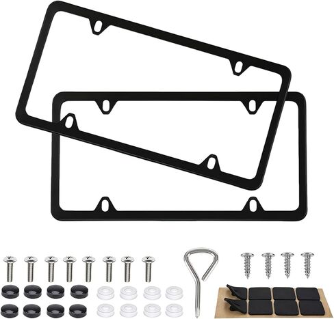 2 Pack Matte Black License Plate Frames, Stainless Steel Car Tag Holder with 2 Holes, Universal Front Rear Car License Plate Frame Fit with Screws Fasteners Caps in Saudi Arabia