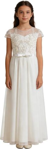 Abaowedding Elegant Girls White Flower Girl Dress, Lace Chiffon A-line First Communion Dress with Cap Sleeves in Saudi Arabia