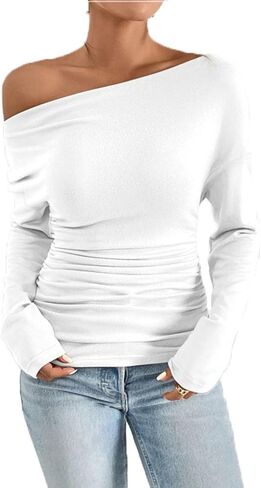 Womens One Off Shoulder Shirts Long Sleeve Going Out Crop Tops Ruched Blouse Vacation Dressy Casual Going Out Shirts in Saudi Arabia