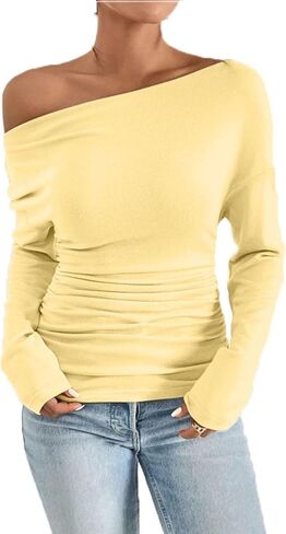 Womens One Off Shoulder Shirts Long Sleeve Going Out Crop Tops Ruched Blouse Vacation Dressy Casual Going Out Shirts in Saudi Arabia