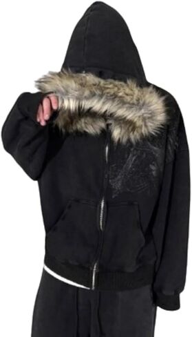 Men's Fur Zip Up Fashion Hoodies Oversize Sweatshirts Y2k Emo Jacket Graphic Vintage Scene Goth Grunge Clothes in Saudi Arabia