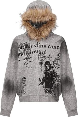 Men's Fur Zip Up Fashion Hoodies Oversize Sweatshirts Y2k Emo Jacket Graphic Vintage Scene Goth Grunge Clothes in Saudi Arabia