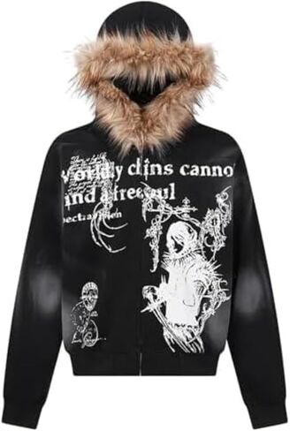 Men's Fur Zip Up Fashion Hoodies Oversize Sweatshirts Y2k Emo Jacket Graphic Vintage Scene Goth Grunge Clothes in Saudi Arabia