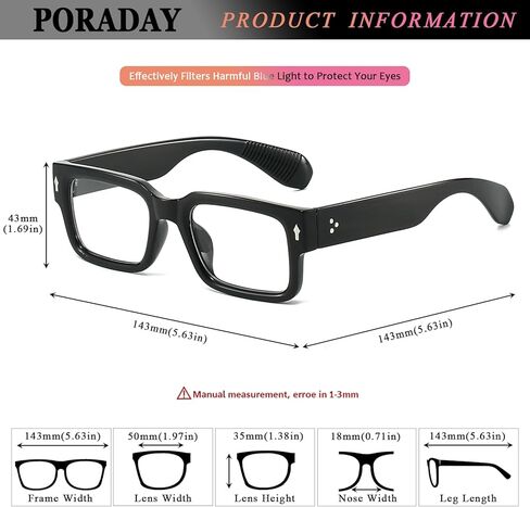 نظارات PORADAY مستطيلة للنساء والرجال نظارات زرقاء فاتحة ونظارات مربعة سوداء in Saudi Arabia
