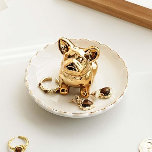 حامل حلقة كلب من السيراميك مع طبق أبيض، صينية حلية طبق حلية للخواتم والأقراط ومنظم المجوهرات والهدايا للنساء (Dog-B) in Kuwait