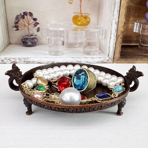 صواني قدم Taotie من النحاس العتيق، حامل أطباق بقاعدة شمعة صغيرة عتيقة للمجوهرات، مثالي للخواتم، ورافعات العرض للحلي والأعمال الفنية الصغيرة in Kuwait