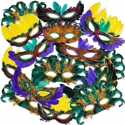 Bedwina Mardi Gras Masks - (Pack of 50) Bulk Carnival Masquerade Mask Costume Party Supplies, Feather Mardi Gras Decorations for Women, Men and Kids in Kuwait
