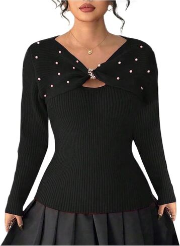 Verdusa Women's Plus Size Pearl Cozy Sweaters Rib Knit Wrap Top Cut Out Pullovers Nye Outfits in Saudi Arabia