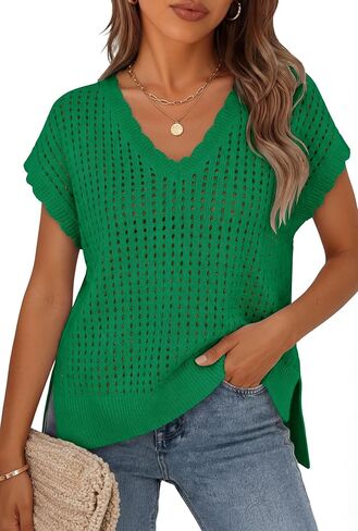 ZESICA Women's Spring Tops 2026 Summer Shirts Crochet V Neck Cap Sleeve Sweater Cute Casual Beach Vacation Clothes in Saudi Arabia
