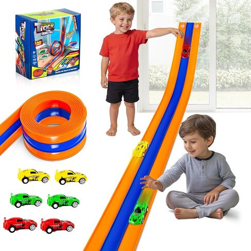 16.4 ft 3-Lane Flexible Race Track for Kids Ages 3-12 with 6 Pull-Back Cars Suction Cups Compatible with Diecast 1/64th Toddlers Car Toys Christmas Birthday Gifts for Boys Girls in Kuwait