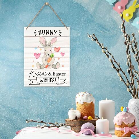 Easter Decorations Door Sign for Home, Bunny Kisses Easter Wishes Hanging Sign for Rustic Farmhouse, Easter Front Door Wall Home Decor 8 X 10 Inch in Saudi Arabia