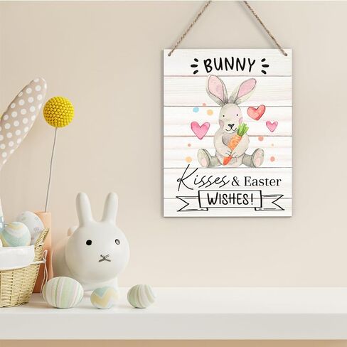 Easter Decorations Door Sign for Home, Bunny Kisses Easter Wishes Hanging Sign for Rustic Farmhouse, Easter Front Door Wall Home Decor 8 X 10 Inch in Saudi Arabia