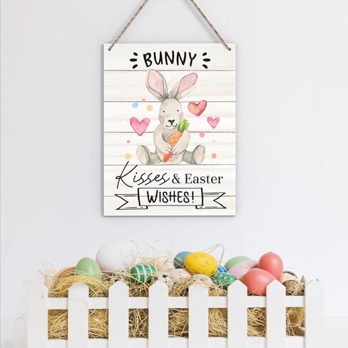 Easter Decorations Door Sign for Home, Bunny Kisses Easter Wishes Hanging Sign for Rustic Farmhouse, Easter Front Door Wall Home Decor 8 X 10 Inch in Saudi Arabia