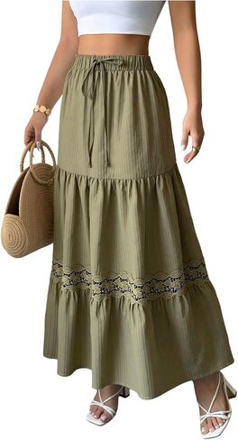 Women's Lace Tiered Ruffle Maxi Skirt Summer Boho Tie Front A Line Flowy Skirts Beach Vacation Clothes in Saudi Arabia