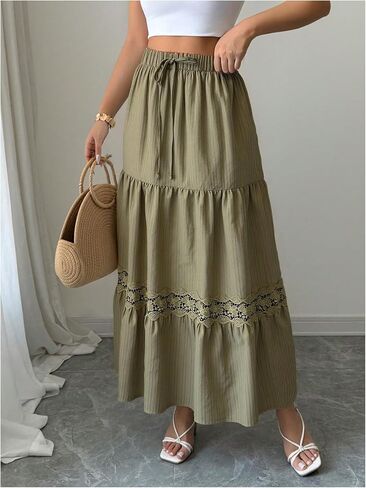 Women's Lace Tiered Ruffle Maxi Skirt Summer Boho Tie Front A Line Flowy Skirts Beach Vacation Clothes in Saudi Arabia