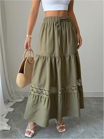 Women's Lace Tiered Ruffle Maxi Skirt Summer Boho Tie Front A Line Flowy Skirts Beach Vacation Clothes in Saudi Arabia