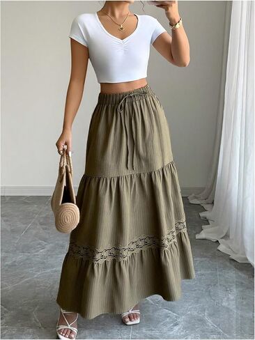 Women's Lace Tiered Ruffle Maxi Skirt Summer Boho Tie Front A Line Flowy Skirts Beach Vacation Clothes in Saudi Arabia