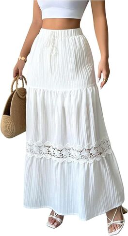 Women's Lace Tiered Ruffle Maxi Skirt Summer Boho Tie Front A Line Flowy Skirts Beach Vacation Clothes in Saudi Arabia