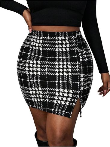 Women's Plus Size Plaid Mini Pencil Skirt Dressy Casual High Waisted Split Work Office Skirts in Saudi Arabia