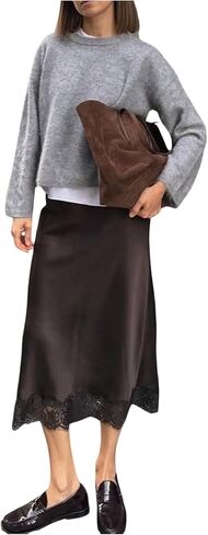 تنورة طويلة للنساء من GORGLITTER من الساتان والدانتيل، تنورة متوسطة الطول أنيقة عالية الخصر لحفلات الزفاف in Kuwait