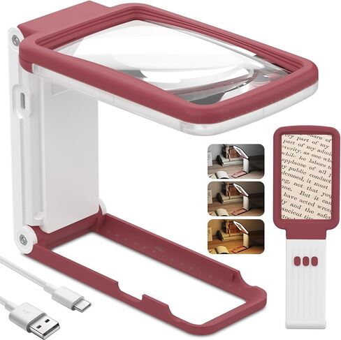 عدسة مكبرة 10X مع ضوء وحامل، عدسة زجاجية حقيقية، عدسة مكبرة محمولة قابلة لإعادة الشحن وقابلة للطي، 3 أوضاع ألوان مكبرة للصفحات المضيئة لقراءة المطبوعات الدقيقة، كبار السن ضعاف الرؤية in Kuwait