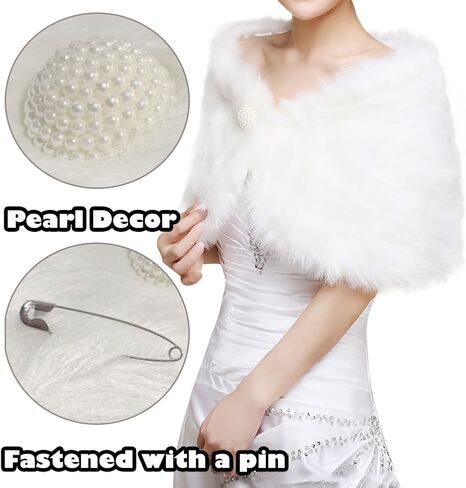 SIQITECHNO Women's Faux Fur Wrap and Shawl Cape with Pearl Brooch 1920s Fur Cover Up for Bridal Wedding Evening Party in Saudi Arabia