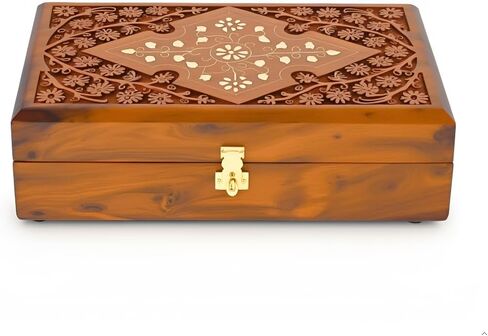 Wooden Jewelry Box with Exquisite Carving and Brass Inlay, Elegant Jewelry Organizer for Rings, Necklaces, and Bracelets, Handcrafted Storage Solution for Treasured Accessories in Saudi Arabia