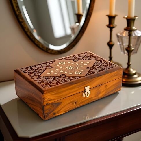 Wooden Jewelry Box with Exquisite Carving and Brass Inlay, Elegant Jewelry Organizer for Rings, Necklaces, and Bracelets, Handcrafted Storage Solution for Treasured Accessories in Saudi Arabia