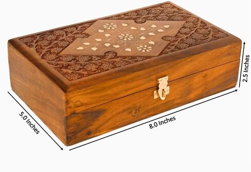 Wooden Jewelry Box with Exquisite Carving and Brass Inlay, Elegant Jewelry Organizer for Rings, Necklaces, and Bracelets, Handcrafted Storage Solution for Treasured Accessories in Saudi Arabia