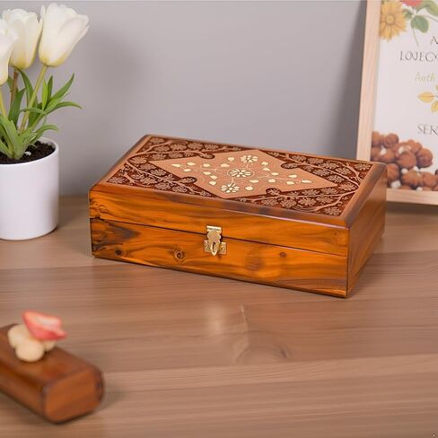 Wooden Jewelry Box with Exquisite Carving and Brass Inlay, Elegant Jewelry Organizer for Rings, Necklaces, and Bracelets, Handcrafted Storage Solution for Treasured Accessories in Saudi Arabia