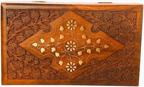 Wooden Jewelry Box with Exquisite Carving and Brass Inlay, Elegant Jewelry Organizer for Rings, Necklaces, and Bracelets, Handcrafted Storage Solution for Treasured Accessories in Saudi Arabia